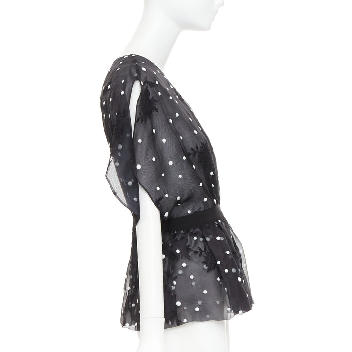 GIAMBATTISTA VALLI black polka dot applique sheer lace peplum top IT42 M