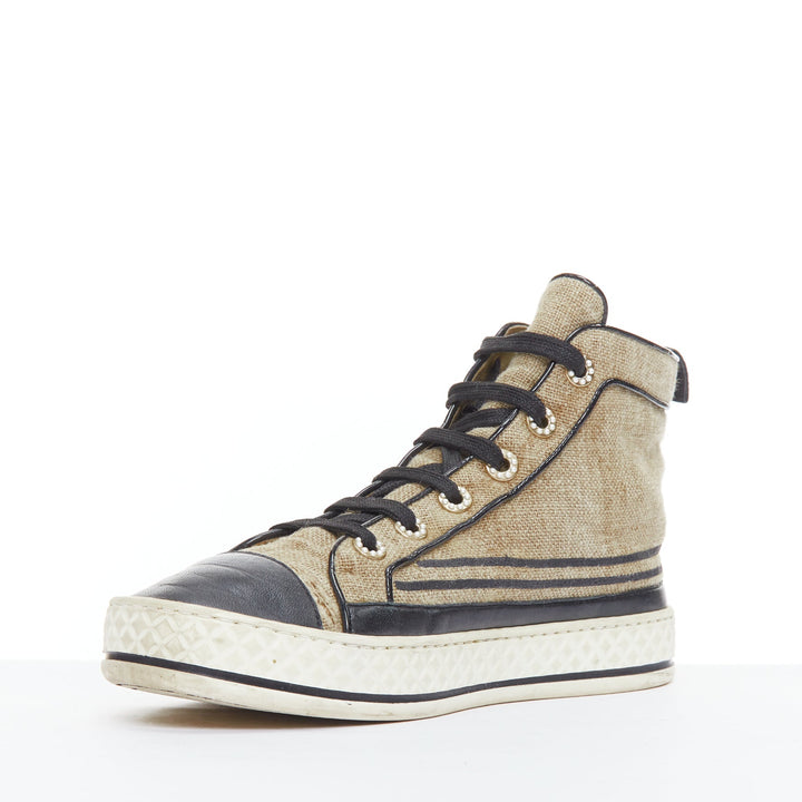 CHANEL beige canvas black CC logo pearl high top sneakers EU38