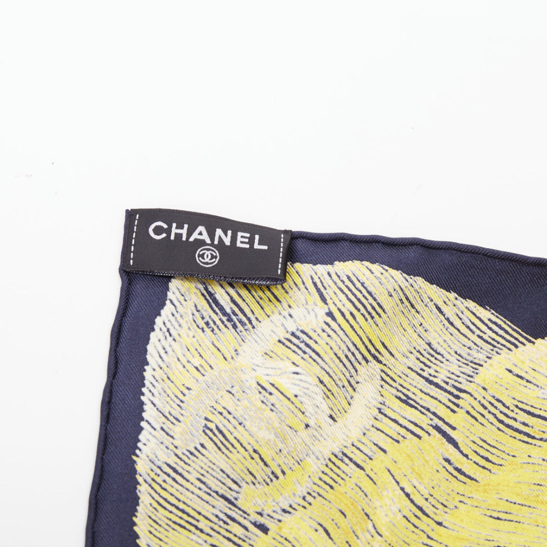 CHANEL navy gold graphic cc camellia logo print silk twill square scarf