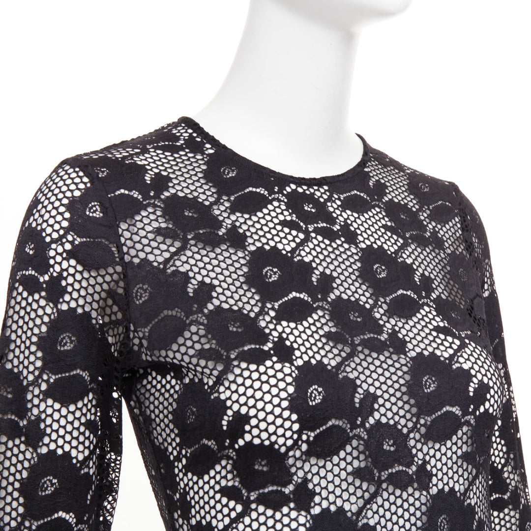 FLEUR DU MAL black lattice floral lace mesh crew neck long sleeve midi dress S