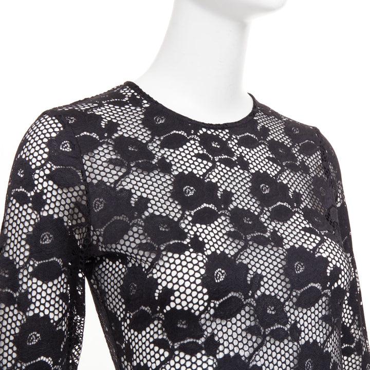 FLEUR DU MAL black lattice floral lace mesh crew neck long sleeve midi dress S