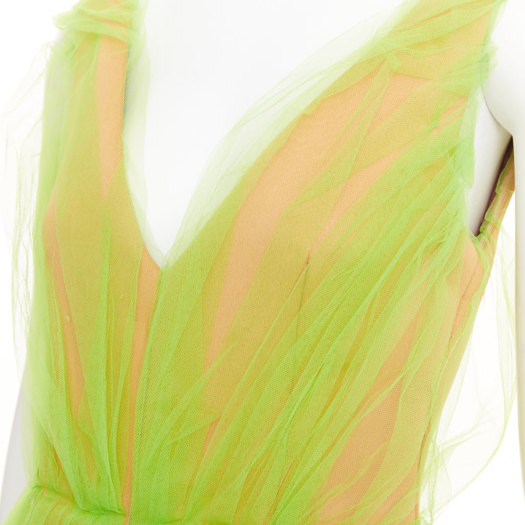 PRADA 2018 Runway neon green Technical Tulle Overlay V-Neck Bubble Dress IT42 M