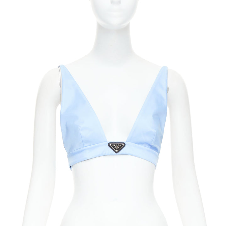 PRADA Re-Nylon light blue triangle logo plunge crop top bustier bralette IT38 XS