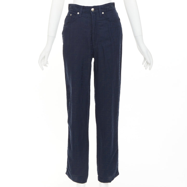 FENDI JEANS 1990s Vintage navy grey FF Zucca Monogram jacquard straight jean 29"
