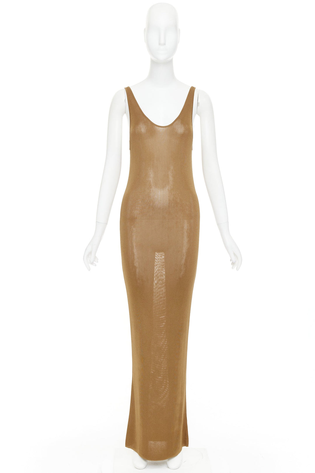 SAINT LAURENT 2022 brown slinky scoop neck sheer knit maxi dress XS