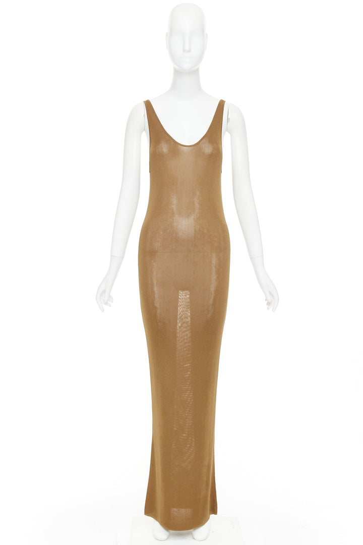 SAINT LAURENT 2022 brown slinky scoop neck sheer knit maxi dress XS