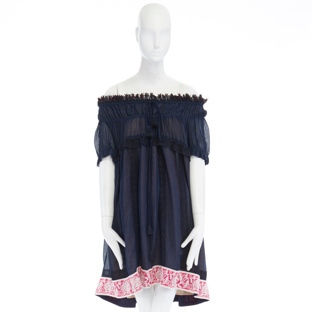 CHLOE navy embroidery lace trim off shoulder boho dress FR36 S