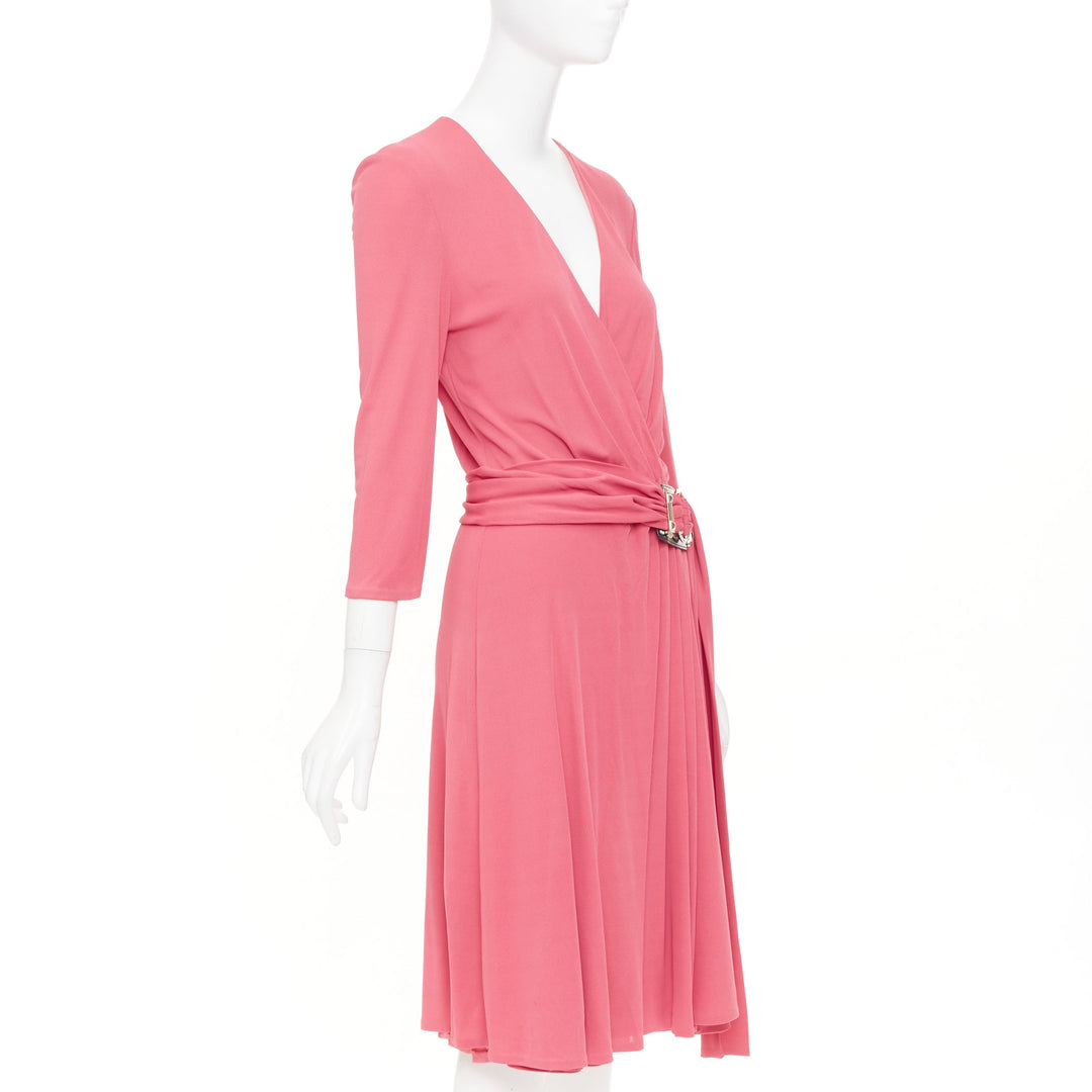 GUCCI 2007 pink viscose gold link buckle asymmetric drape wrapped midi dress M