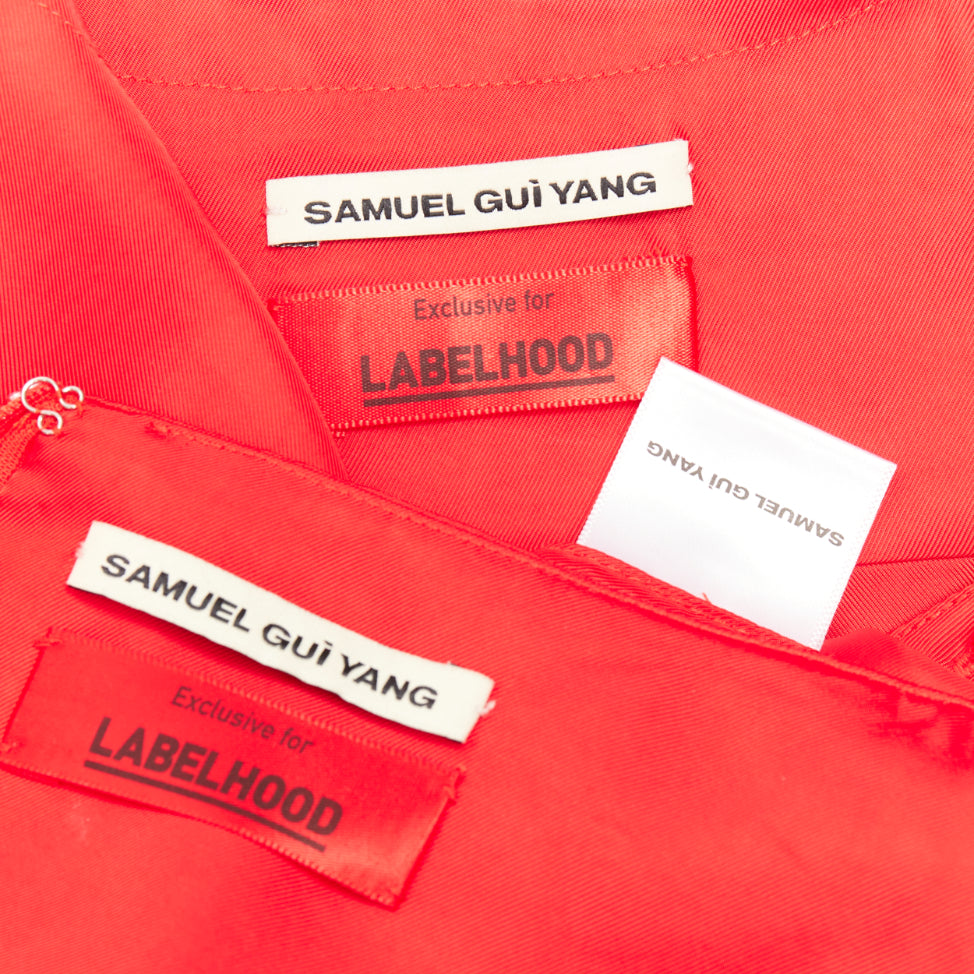 SAMUEL GUI YANG LABELHOOD red satin green button chinois sleeve top skirt set
