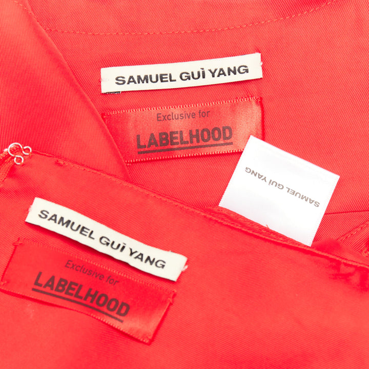 SAMUEL GUI YANG LABELHOOD red satin green button chinois sleeve top skirt set