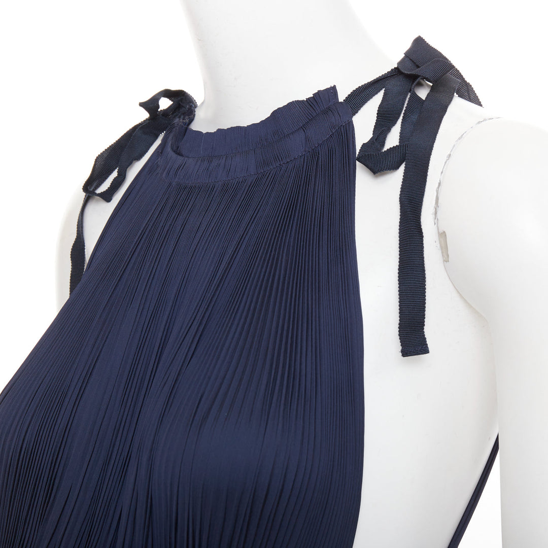 ULLA JOHNSON midnight blue pleated halter neck drawstring tie midi dress US0 XS