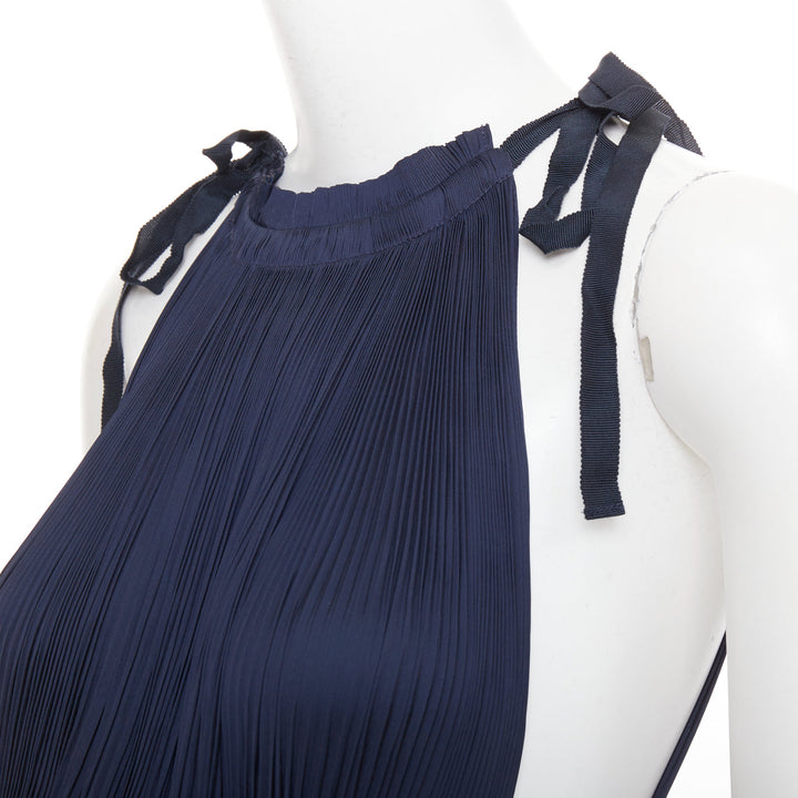 ULLA JOHNSON midnight blue pleated halter neck drawstring tie midi dress US0 XS