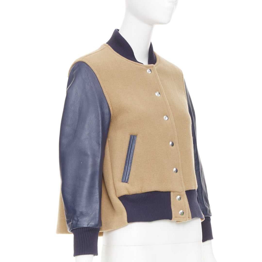 SACAI LUCK camel wool leather sleeve flared collegiate bomber jacket JP1 S