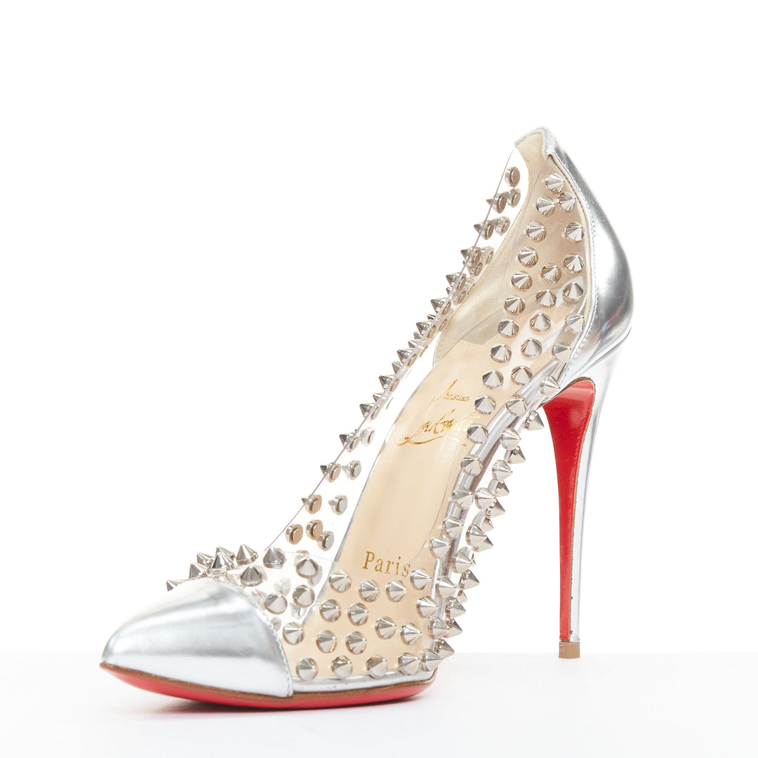 CHRISTIAN LOUBOUTIN Spike Me 100 Metal Gloss silver PVC spike stud pumps EU38