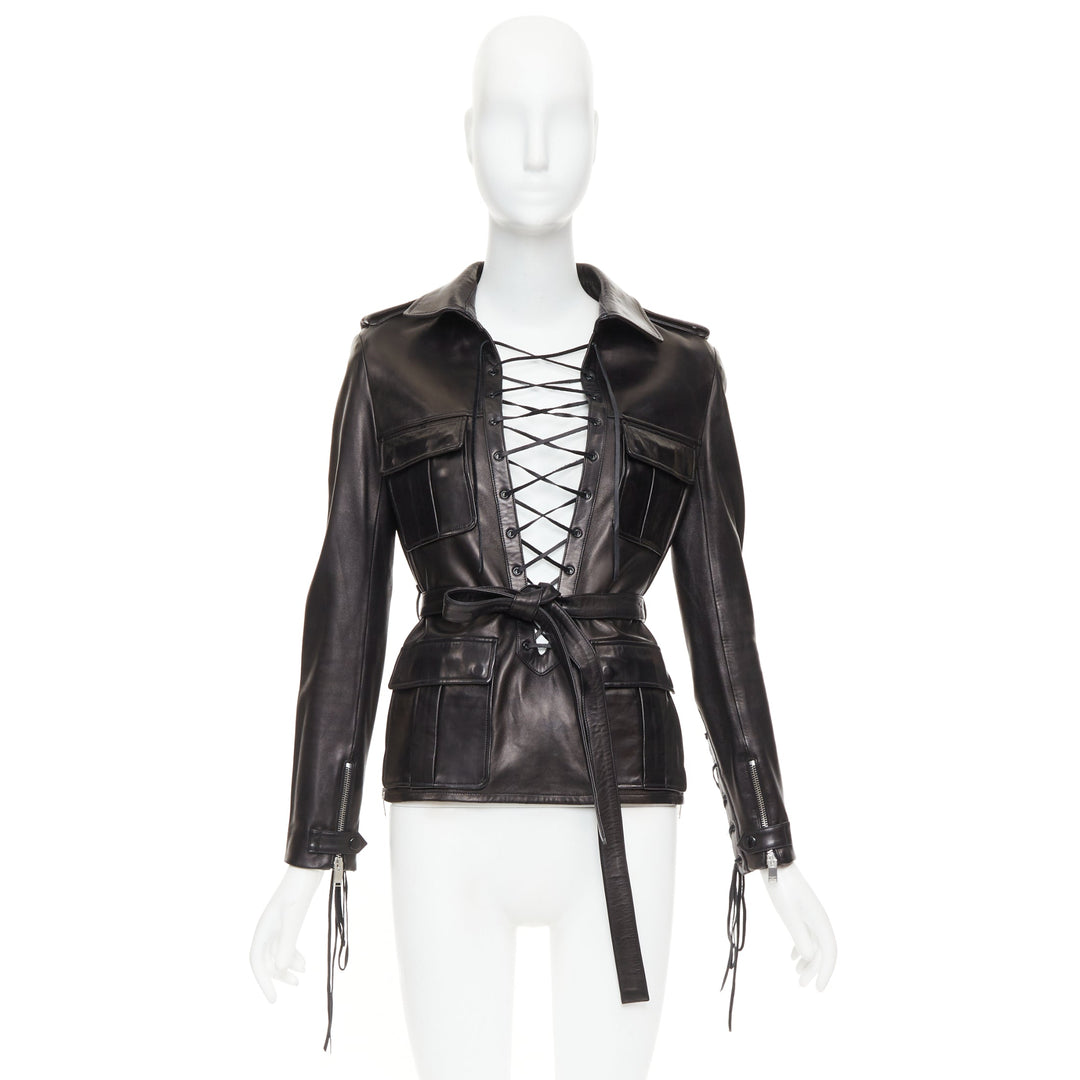 SAINT LAURENT 2013 Runway black leather lace safari pocket tunic top FR38 M