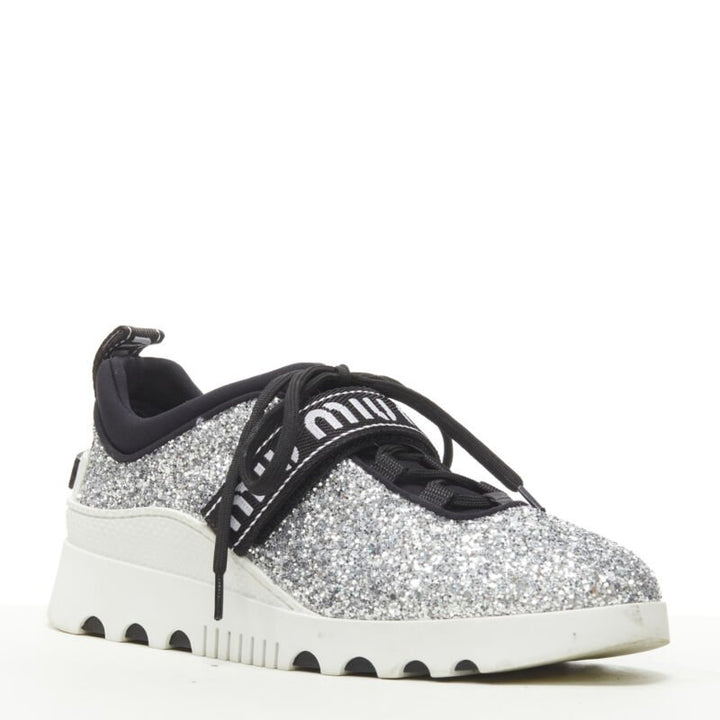 MIU MIU silver glitter logo strap low top runner sneaker EU36