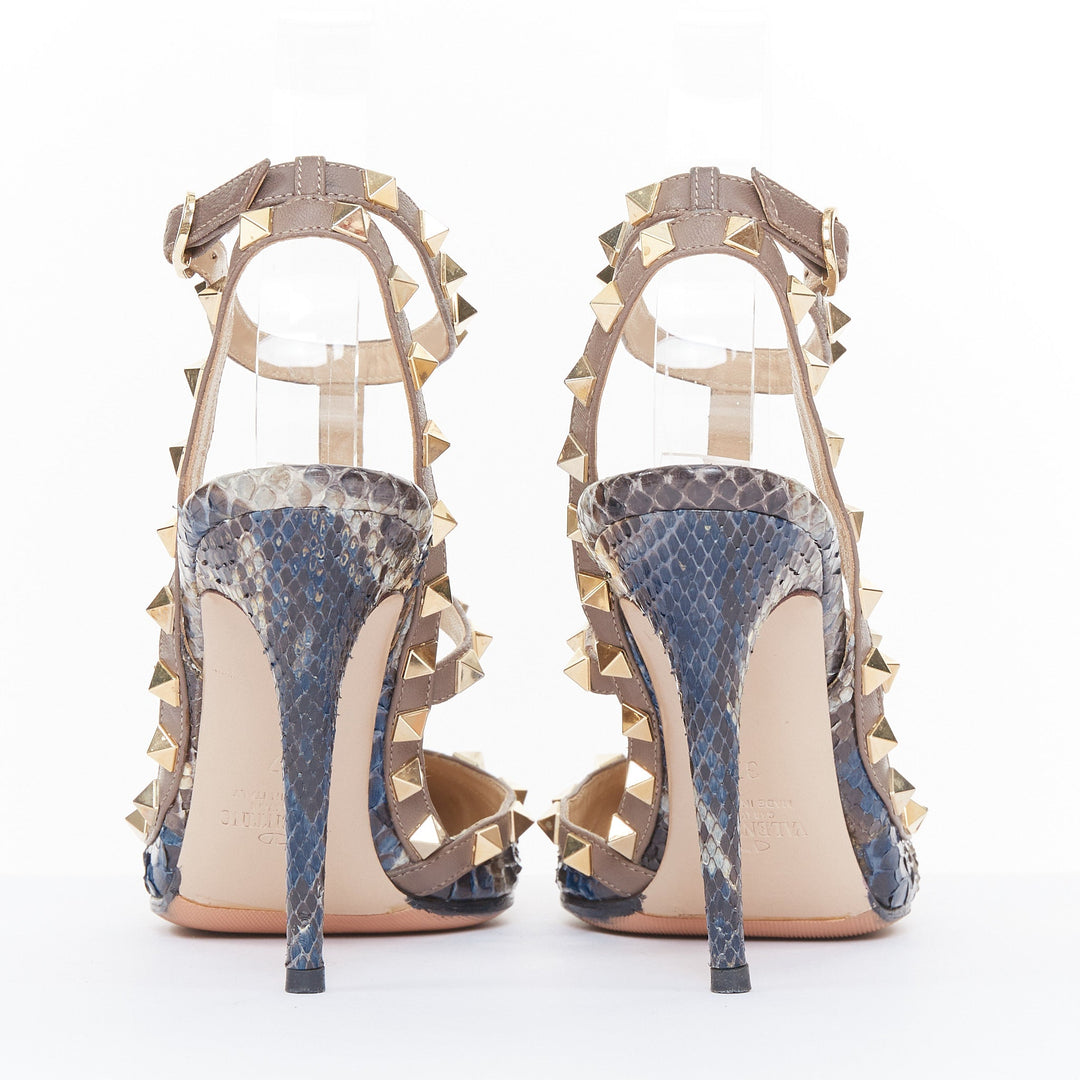 VALENTINO Rockstud python leather beige cage ankle strap stiletto pumps EU37