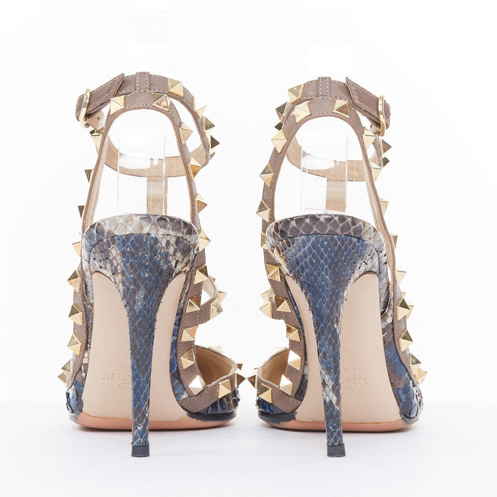 VALENTINO Rockstud python leather beige cage ankle strap stiletto pumps EU37