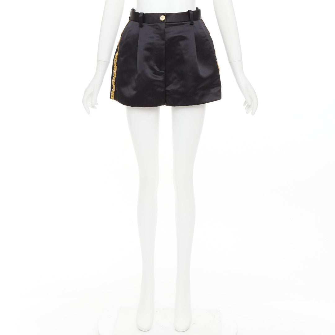 VERSACE black gold Greca embroidered crystal trim mini short shorts IT40 S