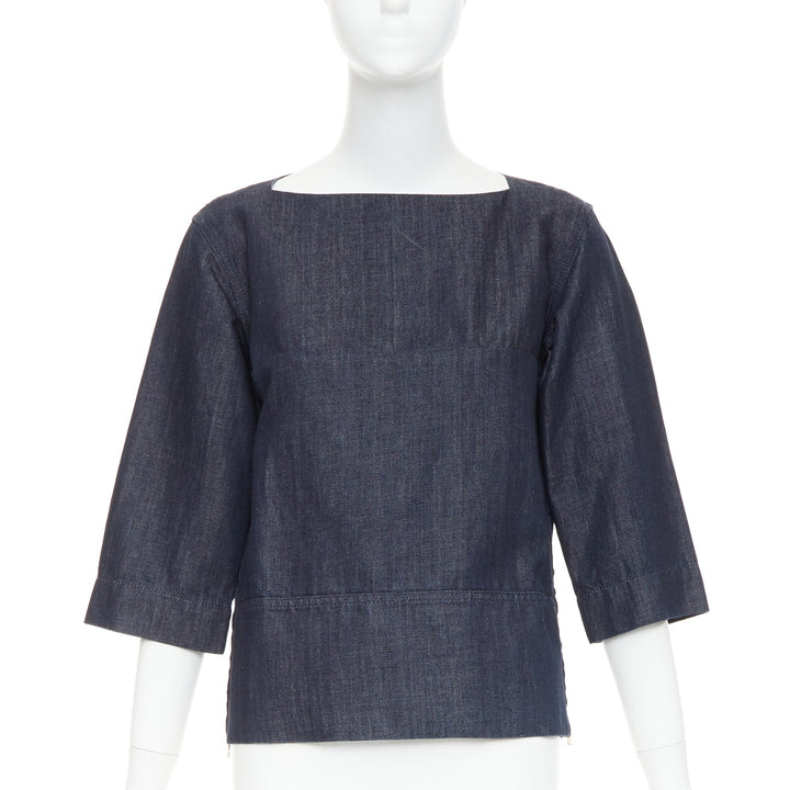 MARNI indigo denim cotton linen square bateau neck zipper boxy top IT38 XS