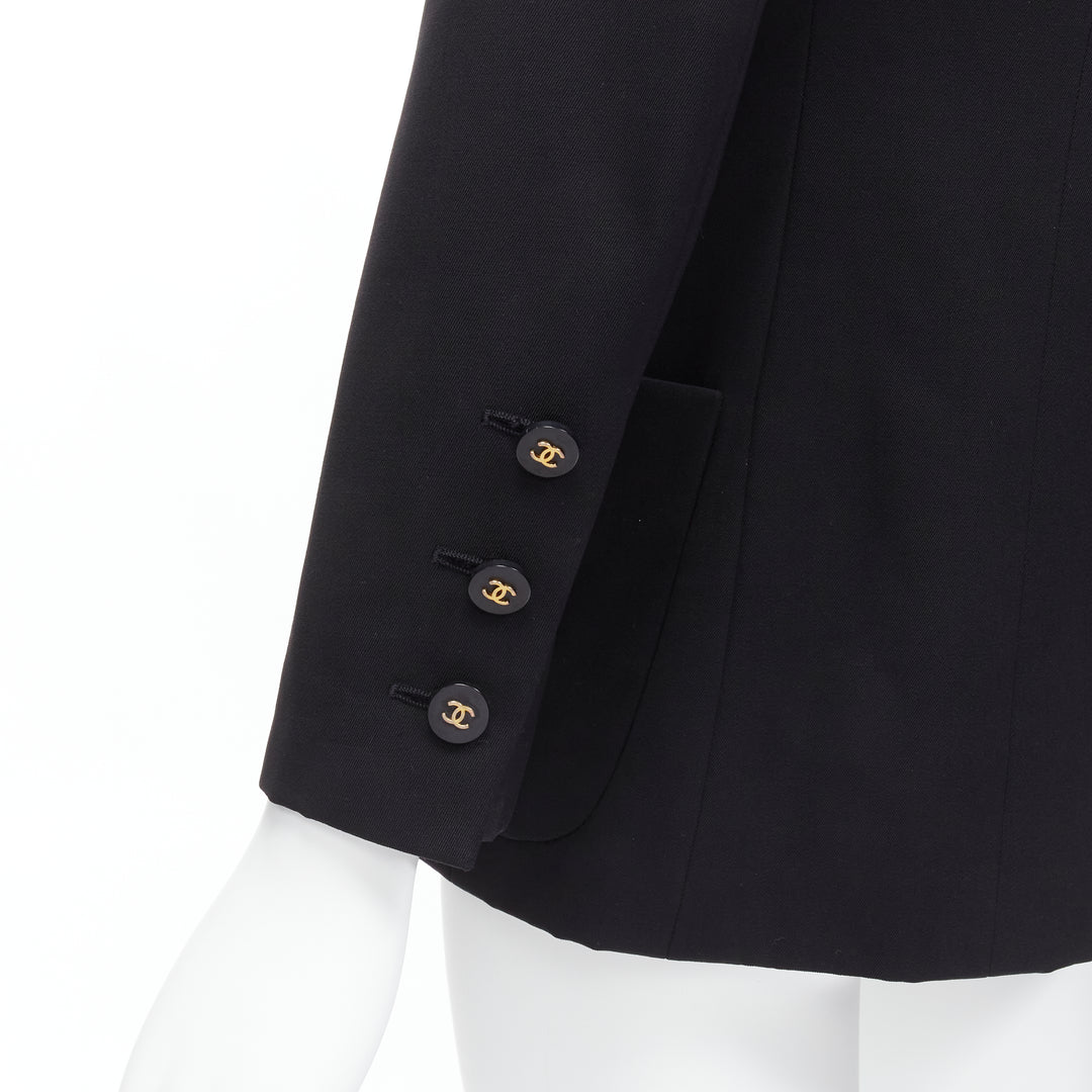 CHANEL 94A Vintage black wool gold CC button monogram lining blazer FR34 XS