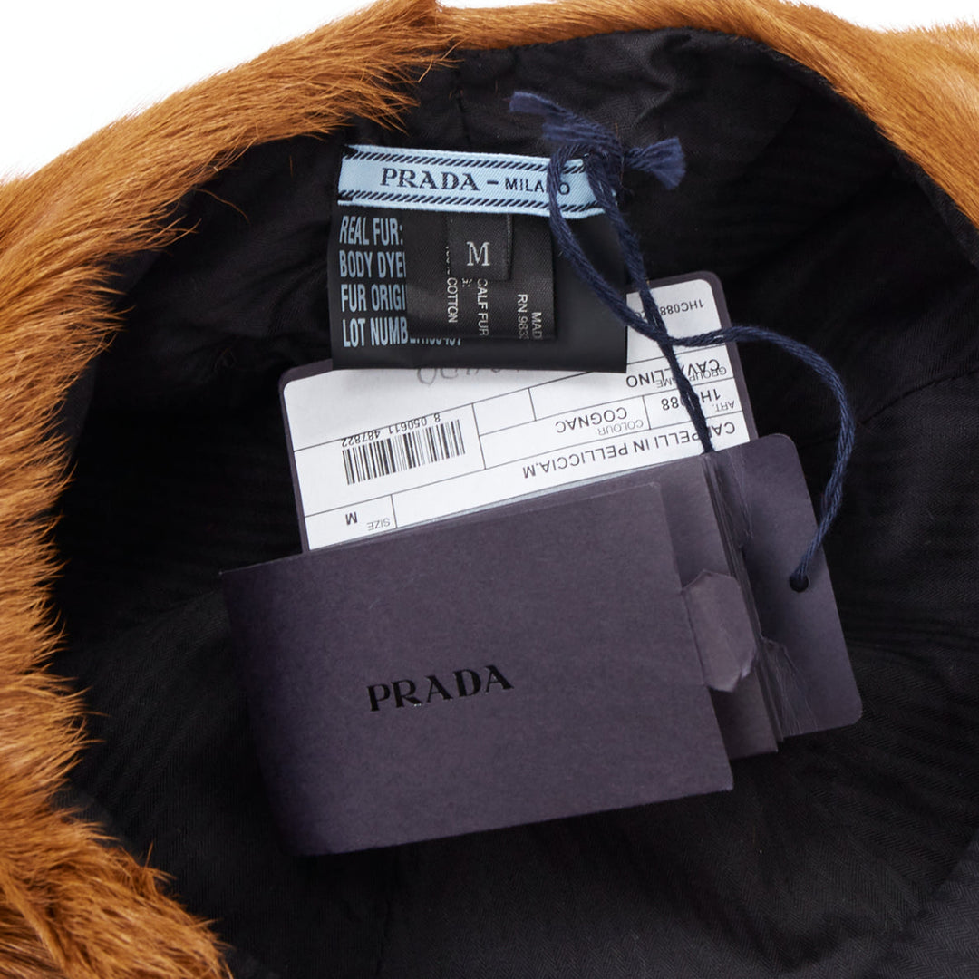 PRADA Runway cognac dyed calf fur silver studded cotton lined newsboy hat M