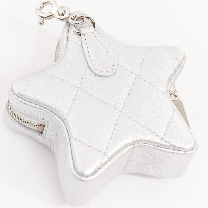 CHANEL 2024 Walk of Fame silver lambskin leather CC logo star small coin purse