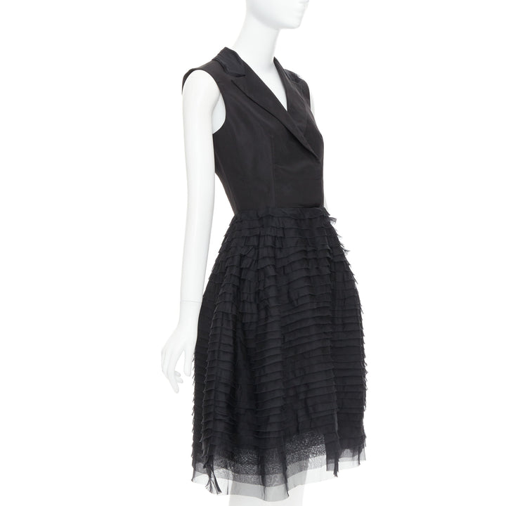 OSCAR DE LA RENTA R14 100% silk black peak collar tiered puff dress US4 S