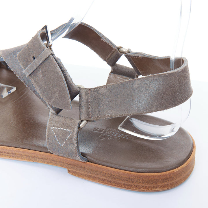 HERMES grey distressed leather toe ring strappy flat sandals EU43