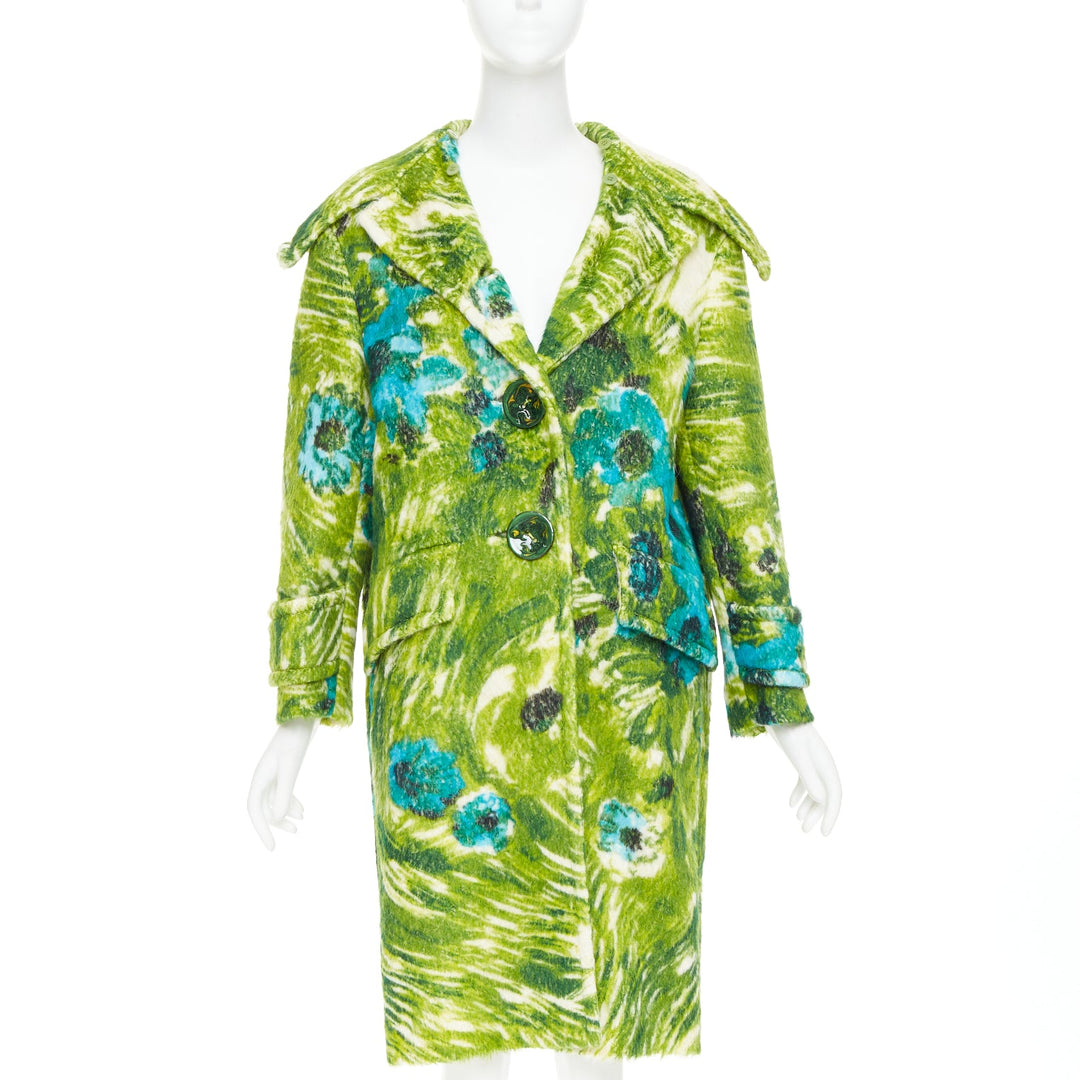 PRADA 2017 Runway alpaca wool felt green floral orange fur collar coat IT40 S