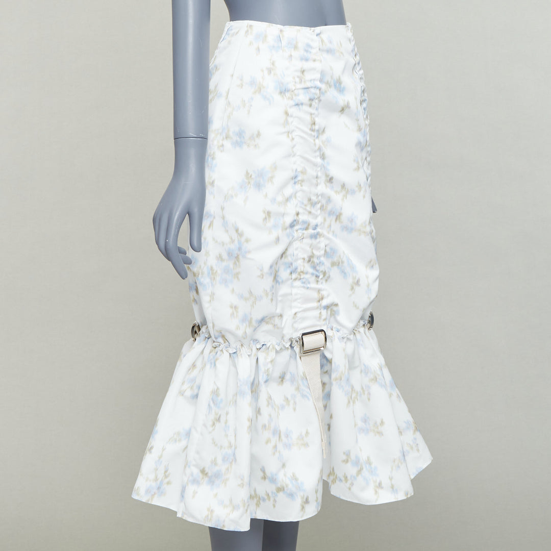 SIMONE ROCHA white blue floral print ruched web trim midi skirt UK4 XXS