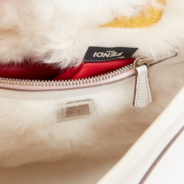 FENDI Peekaboo off white leather silver hardware Bug Monster fur eye lined bag