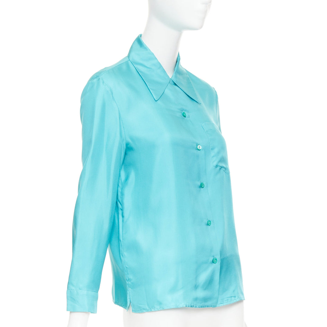 PRADA 2015 100% silk turquoise blue wide collar pocketed button-up shirt IT38 XS