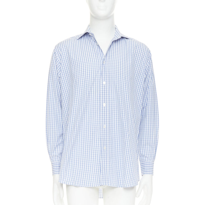 HERMES  blue white checked 100% cotton collared long sleeve shirt EU39 M