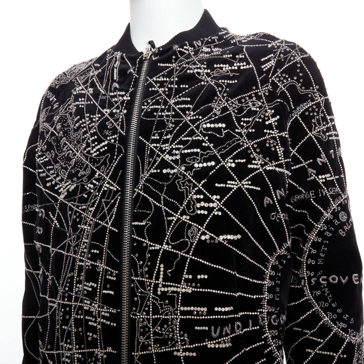 BALMAIN Broderie black map crystal bead embroidery velvet bomber jacket FR48