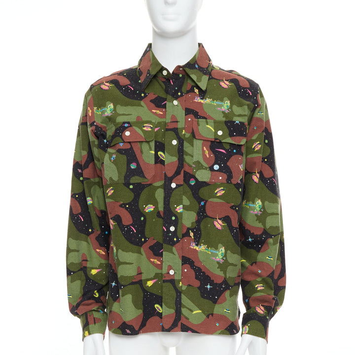 BILLIONAIRE BOYS CLUB green brown cotton camo UFO print shirt M