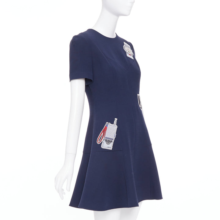 LOUIS VUITTON 2018 navy wool silk electronics embroidered patched dress FR38 M