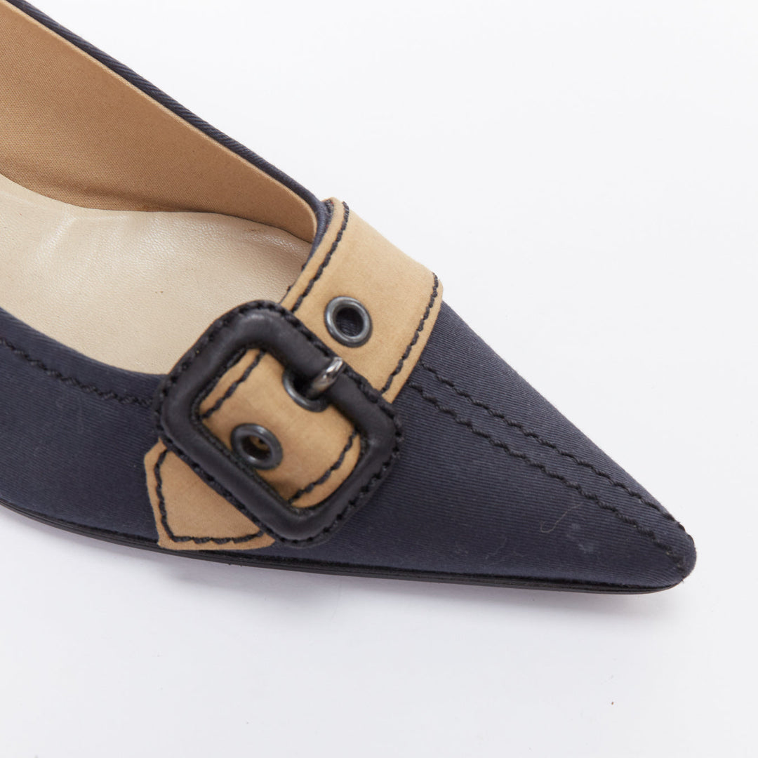 MIU MIU Vintage navy fabric nude buckle strap kitten pumps EU36.5