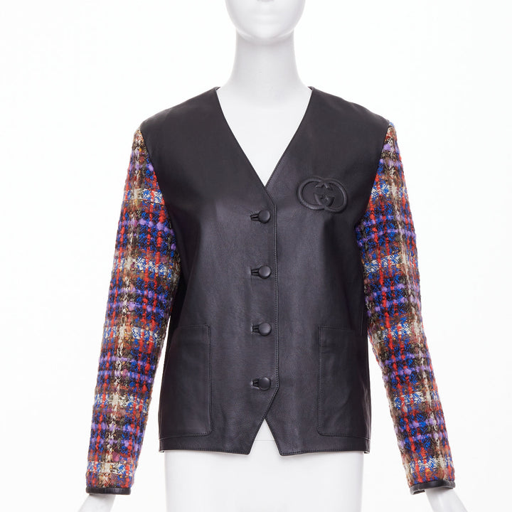 GUCCI 2019 Interlocking G Patch lambskin multi plaid tweed sleeve jacket IT38 S