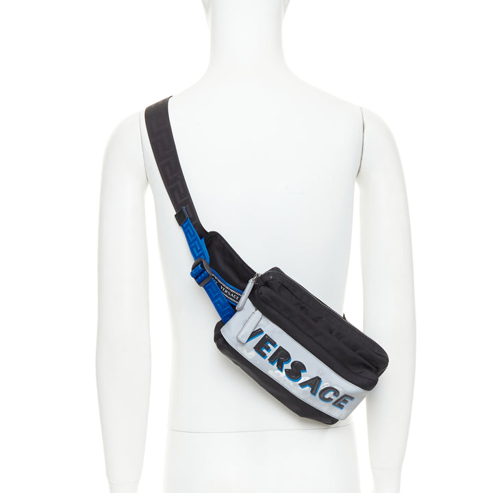 VERSACE reflective logo black nylon Greca strap crossbody belt waist bag