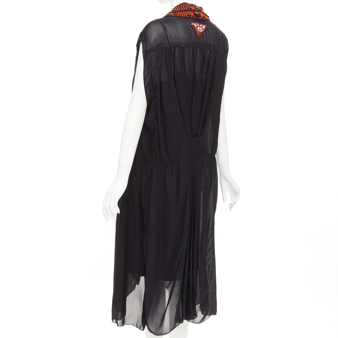 PRADA 2021 Runway black voile red sable jacquard knit neck midi dress IT38 XS