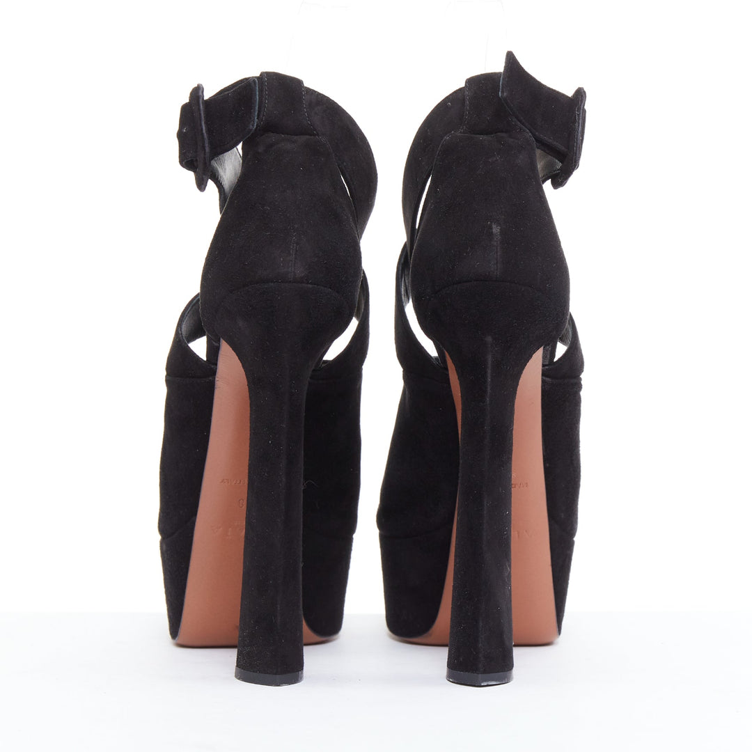 ALAIA black suede wrap strap sky high block platform heels EU38