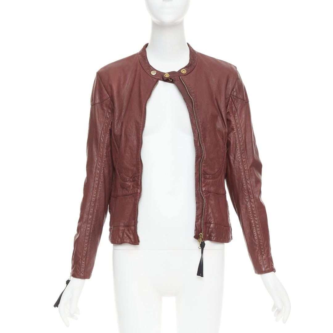 MARNI 2012 burgundy crinkled lamb leather wool lining moto biker jacket IT42 M