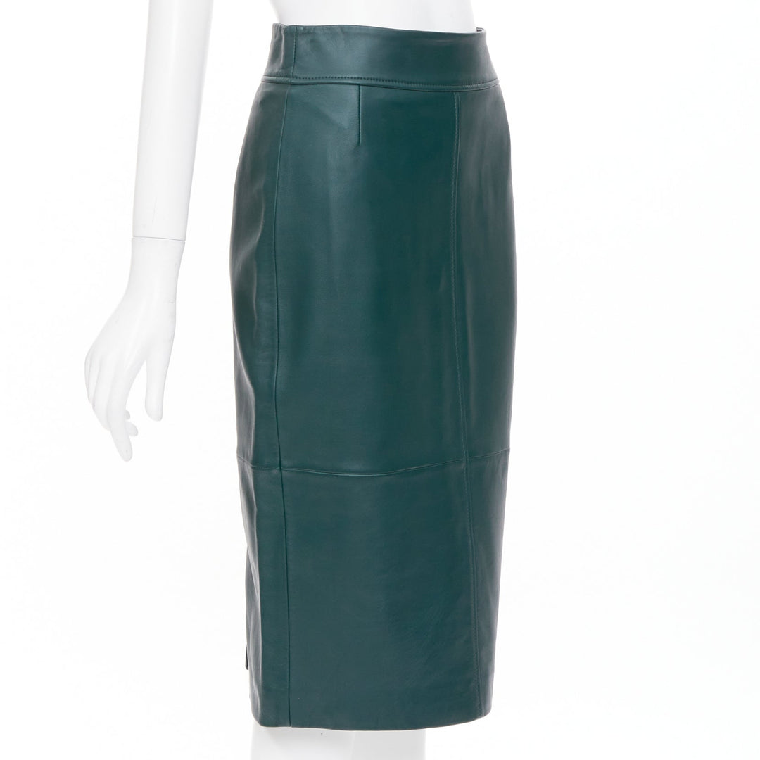 BOSS dark green panelled lambskin leather exposed silver zip pencil skirt US2 S