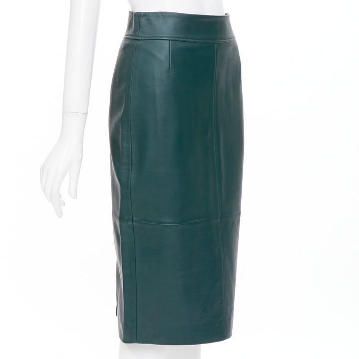 BOSS dark green panelled lambskin leather exposed silver zip pencil skirt US2 S