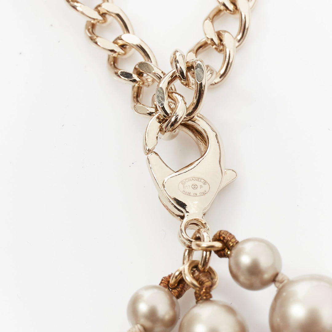 CHANEL B17 light grey faux pearl gold CC logo faceted charm triple necklace