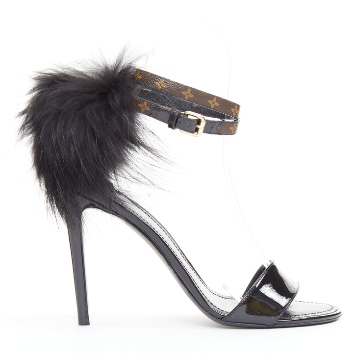rare LOUIS VUITTON Call Back black patent fur trim LV ankle strap heels EU38.5