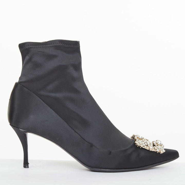 ROGER VIVIER Flower Strass black silk satin crystal buckle sock booties EU40
