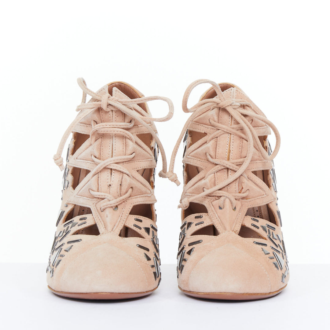 ALAIA 2014 Adelia blush pink suede geometric micro stud lace up booties EU36