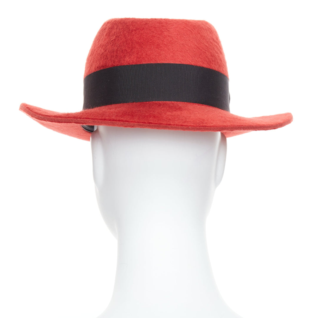 SAINT LAURENT red rabbit felt black grosgrain leather lined fedora hat